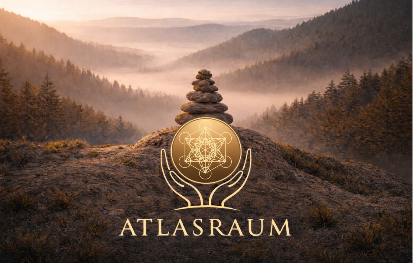 Logo Atlasraum – Kugel mit Schriftzug vor ruhigem Hintergrund